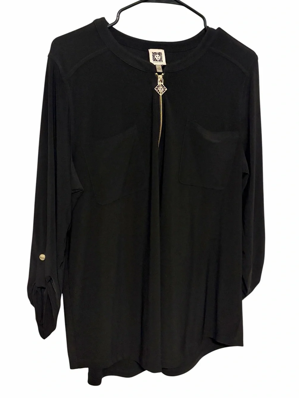 NWOT Anne Klein Half Zip Black Blouse with 2 Chest Pockets & Gold-Tone Insignia